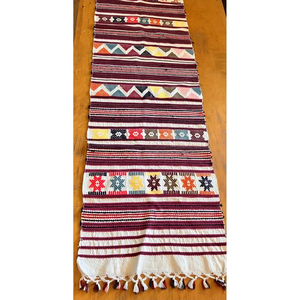 Woven Table Runner With 2 Placemats Set Aztec Tribal Geometric Boho Fringe